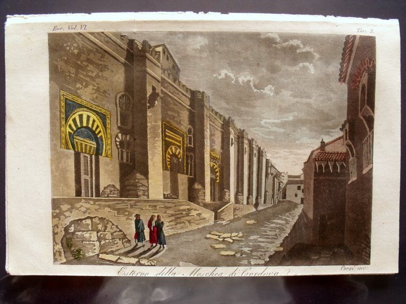 1829 ANTIQUE CORSI PRINT EXTERIOR CORDOVA MOSQUE SPAIN  