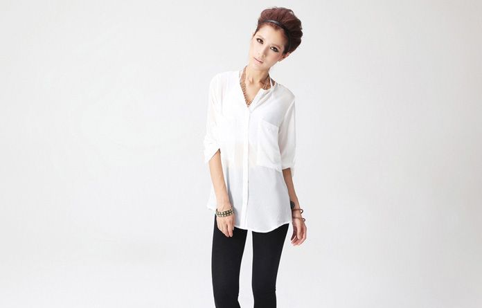 Women Collarless Button front See through Long Sleeve Chiffon Shirts 