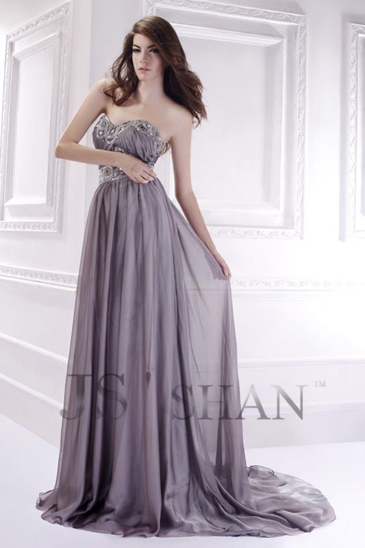 JSSHAN Gray Chiffon Strapless Elegant Gown Formal Prom Ball Evening 