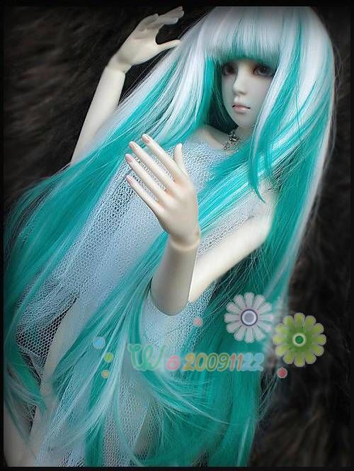 10 1/3 SD AOD BJD Dollfie Long Wig Hair   White+cyan  