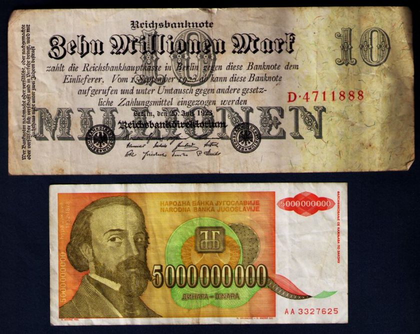 10 MILLION GERMAN MARKS BANK NOTE + 5 BILLION YUGOSLAVIA DINARA  