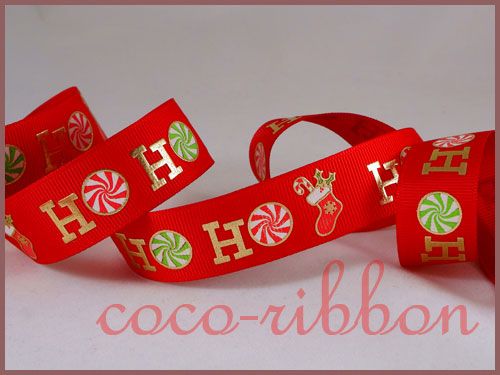 10YD 7/8 Christmas Gold Sparkle HoHoHo Peppermint Candy Grosgrain 