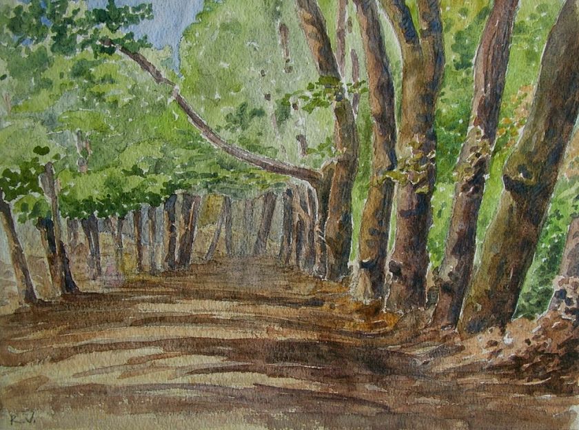 WATERCOLOR PAINTING BELGIAN R. WILLIG FOREST c1945  