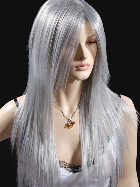 C009 Damen Silber Gerade Anime Cosplay Lange Perücke 66cm  