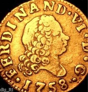 GOLD COIN 1758 SPANISH GOLD PIRATE TREASURE 1/2 ESCUDO DOUBLOON 