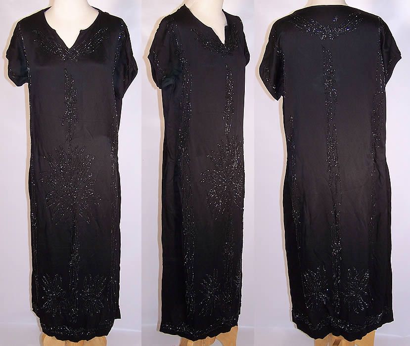   Art Deco Flapper Black Silk Crepe Beaded Straight Shift Dress  