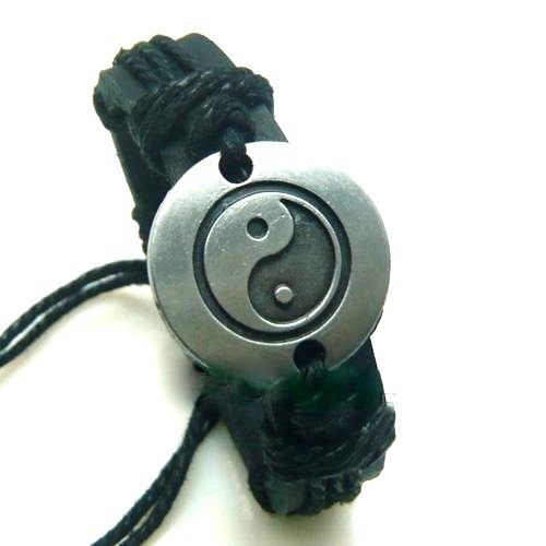 Tibetan silver yin ying yang sign ethnic hemp leather charm bracelet 