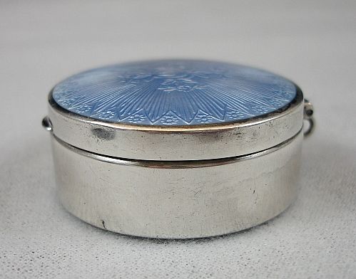 ANTIQUE STERLING SILVER AND BLUE GUILLOCHE ENAMEL BOX COMPACT PILLBOX 