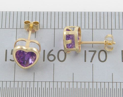 9ct 375 GOLD AMETHYST HEART STUD EARRINGS E1088  