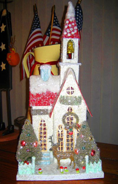 Cardboard CHRISTMAS WINTERY Church GREAT Vintage Lk 22  