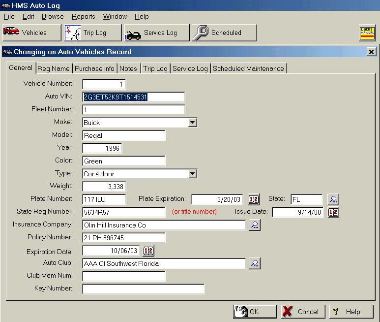   trip log service log and scheduled maintenance log through this window