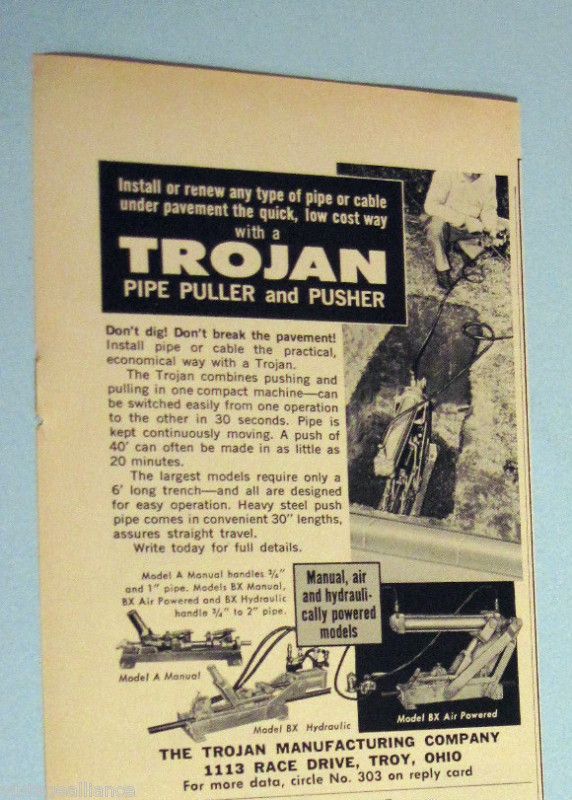 Pipe Puller & Pusher TROJAN MFG Troy OH 60s Print Ad  