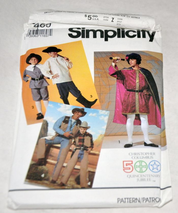 PATTERN SIMPLICITY Costume 7469 Christopher Columbus Pilgram Western 