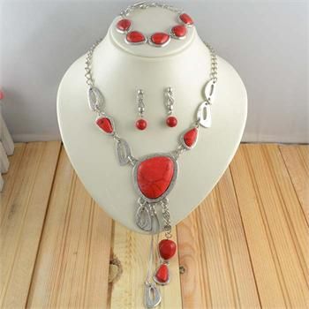 Vintage Tibetan Silver Exotic Red Turquoise Necklace Pendant Earring 