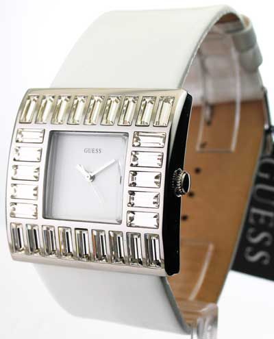 WOMENS GUESS WHITE LEATHER CRYSTAL BEZEL WATCH W11524L4  