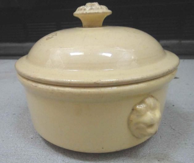 antique LUNEVILLE K&G BUTTER CROCK w/LION HEADS  