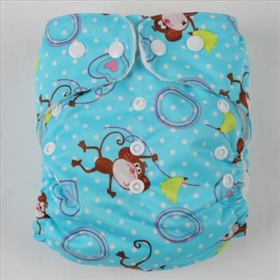 BABY CLOTH DIAPER NAPPY Monkey Print + Insert 703 Blue  