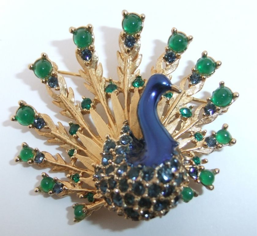 VINTAGE MARCEL BOUCHER ENAMEL RHINESTONE PEACOCK BIRD BROOCH  