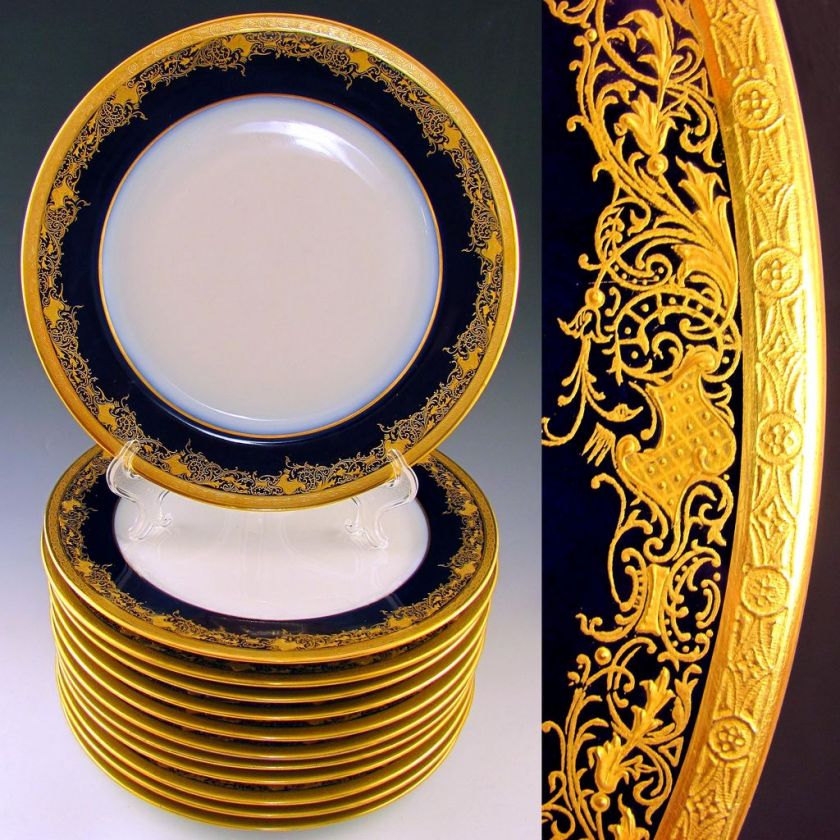 12 FRENCH LIMOGES PORCELAIN RAISED GOLD ENCRUSTED GILT DINNER PLATES 