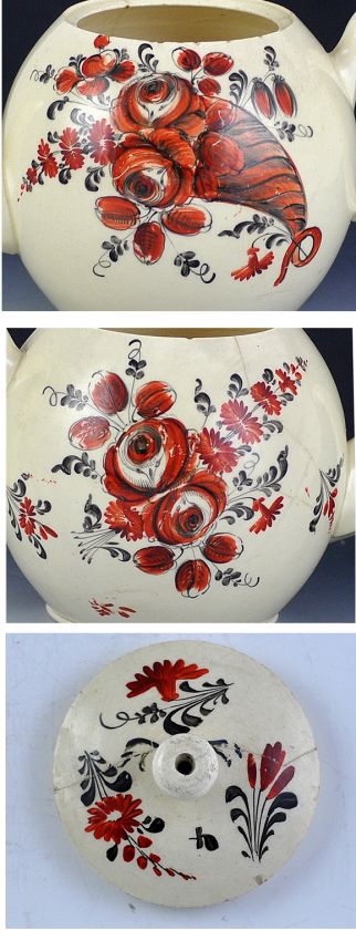 c1770 ENGLISH CREAMWARE PORCELAIN ENAMELED FLOWER MOTIF TEAPOT  