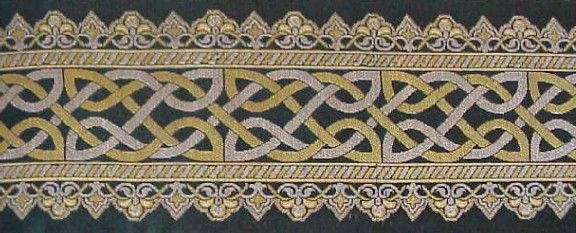 Celtic knot motif is jacquard woven in gold & silver metallic threads 