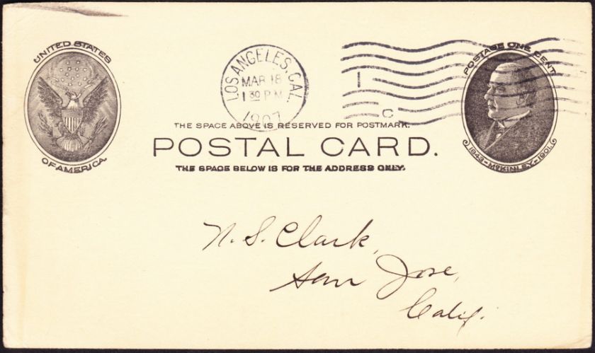 US   1902   1 Cent Black on Buff McKinley Postal Card #UX18 Los 