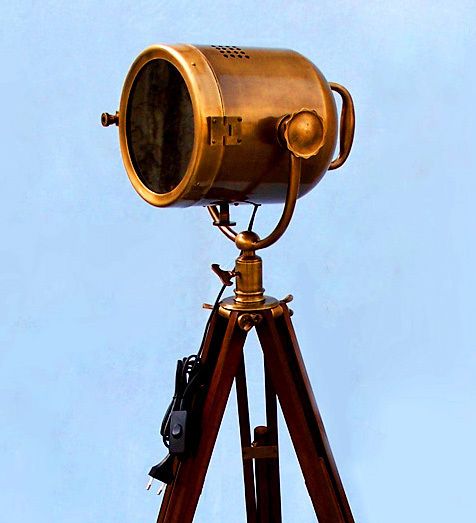 MASSIVE 8 ANTIQUATED BRASS HOLLYWOOD SPOTLIGHT ON MAHOGANY TRIPOD 