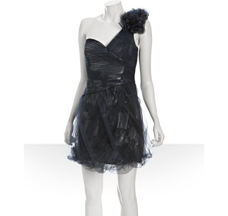   Ruffle Dark blue Pleated Tulle One Shoulder Dress Max Azria  