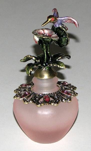 Lovely Hummingbird Topped Bejeweled Perfume Bottle  