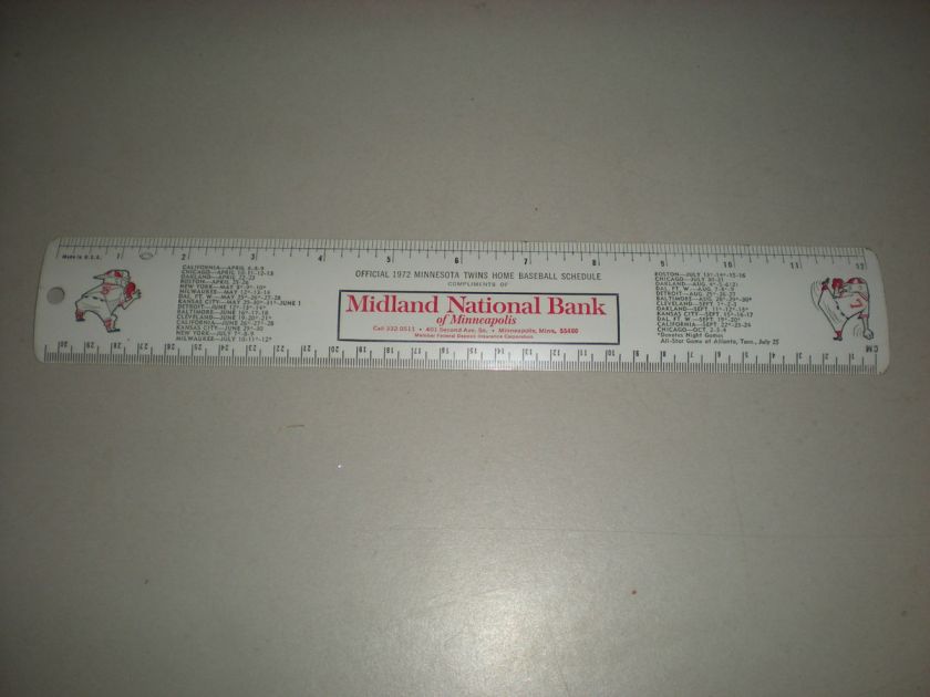 1972 Minnesota Twins Home Schedule Tin Ruler  