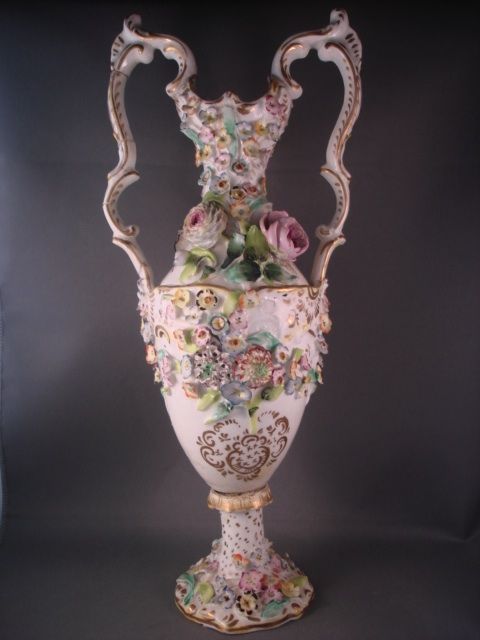 Coalbrookdale Style Neo Rococo Baluster Vase Flower Encrusted Twin 