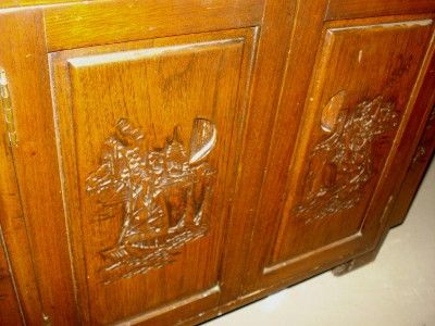 1957 HAND CARVED TEAKWOOD BAR CABINET Keen Hing & Co. Hong Kong