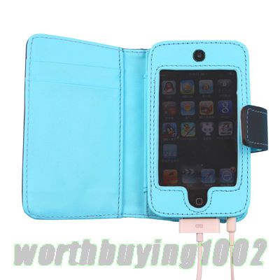 New Soft Leather Case Wallet for ipod touch 4G Blue  