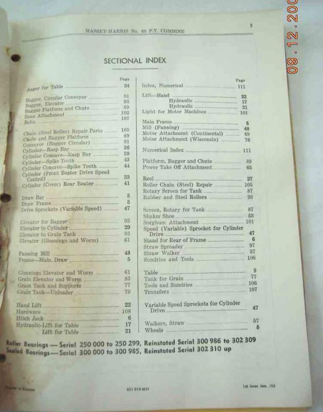 1958 vintage 60 PT COMBINE PARTS BOOK massey harris  