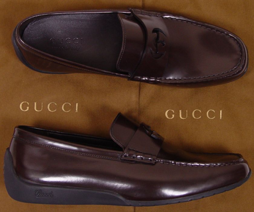 GUCCI SHOES $540 DARK BROWN LOGO VAMP WIMBLEDON SPORT LOAFER 9.5 42.5e 