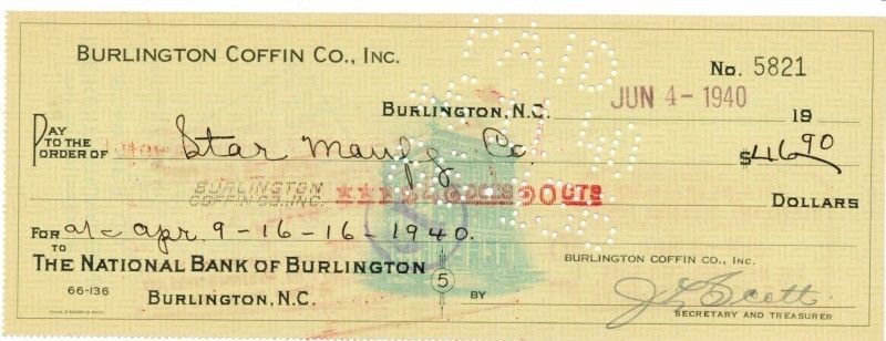 Burlington Coffin Company Cancelled Check, 1940  