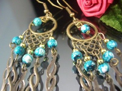 Ehnic Vintage Copper Style Blue Bead Dangle Earrings C220  