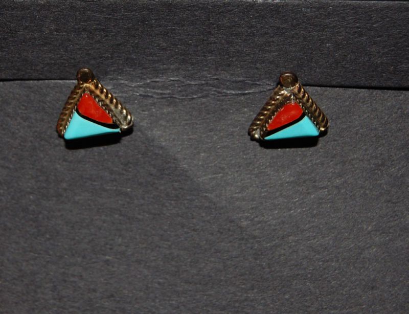 Sterling Silver Coral and Turquoise Indian Earrings  