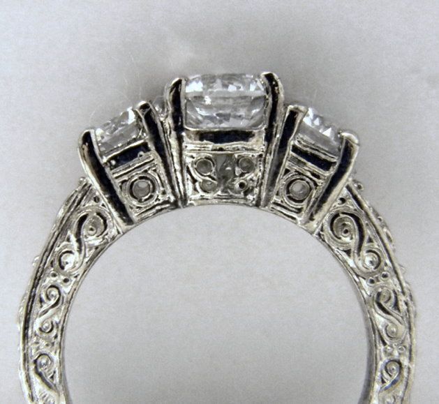   CUT ANTIQUE 3 STONE ENGAGEMENT RING SOLID .925 STERLING SILVER  