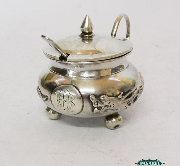 Fine Chinese Export Silver Mustard Pot & Spoon China Ca 1900  