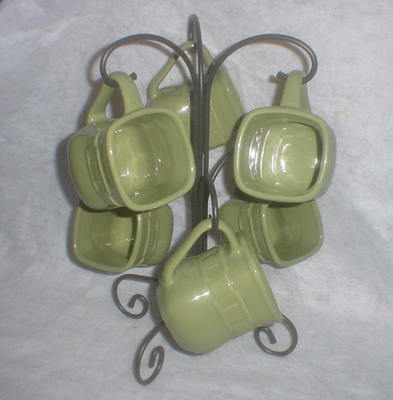 Longaberger 6 SAGE Square Mugs Wrought Iron Mug Tree  