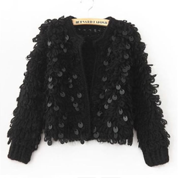 DOQ21 VIVI Style Girl Long Sleeves Sequins Knitwear Short Coat 