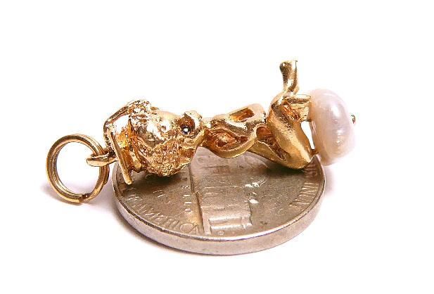 VINTAGE 14K gold pearl angel cherub w cap signed Ruser CHARM  