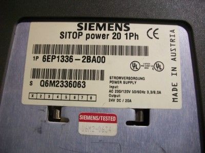 SIEMENS SITOP POWER 20 24V POWER SUPPLY 6EP1336 2BA00  