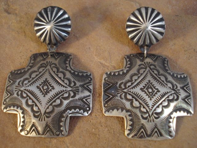   Platero Old Style Navajo Sterling Silver Santa Fe Cross Earrings