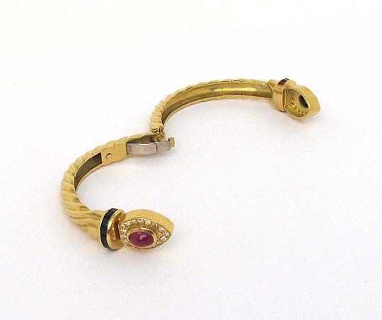 18K, DIAMONDS, RUBIES SAPPHIRES ORNATE BANGLE BRACELET  