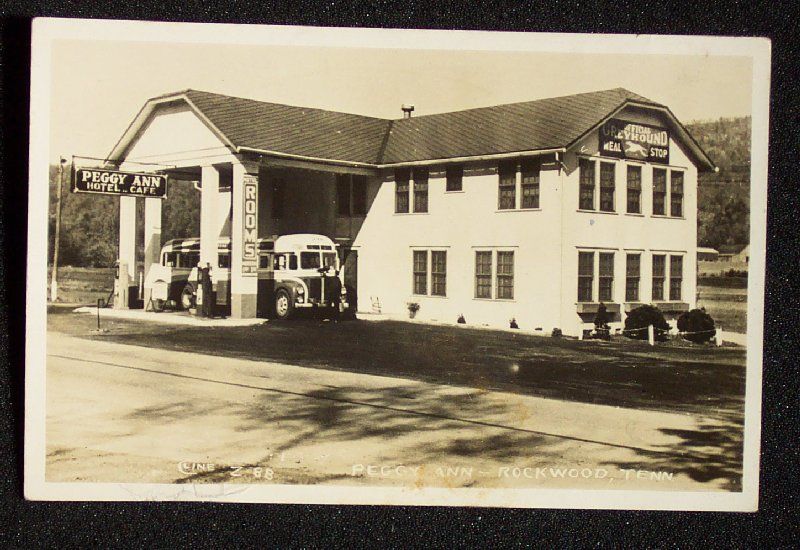 RPPC 1930s? Greyhound Bus Peggy Ann Hotel Rockwood TN  