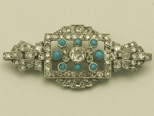 Diamond, Turquoise and White Gold Brooch   Art Deco Style   Antique 