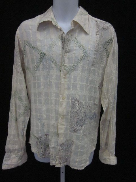 ZARA Mens Ivory Cotton Check Print Button Up Shirt Sz L  