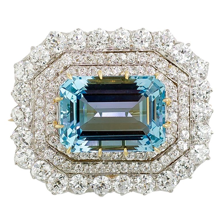   Victorian 18K Gold Platinum Aquamarine Diamond Pendant Brooch  